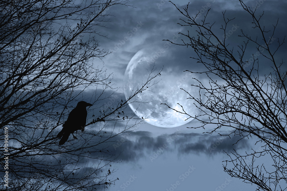 Halloween background with spooky forest and full moon