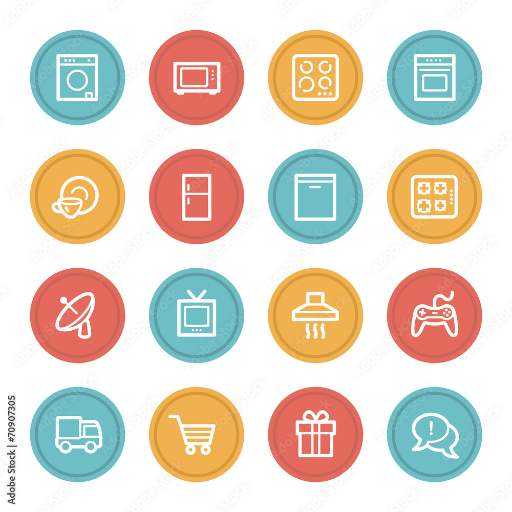 Home appliances web icons, color circle buttons