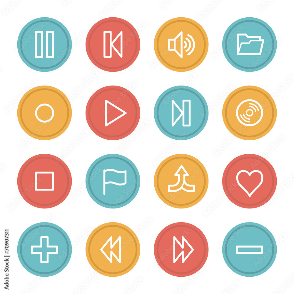 Media player web icons, color circle buttons Media player web icons, color circle buttons
