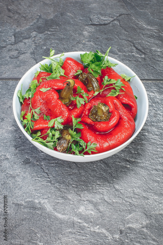 Red peppers, roasted and peeled. Preparing food.