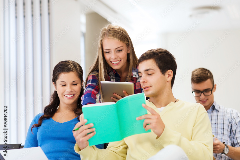 group of smiling students with tablet pc group of smiling students with tablet pc