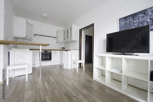 Bright room, with white kitchen furniture