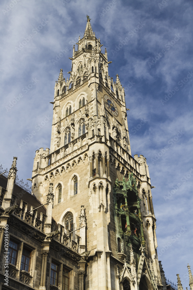 Clock tower of New Town Hall, Marienplatz, Munich.