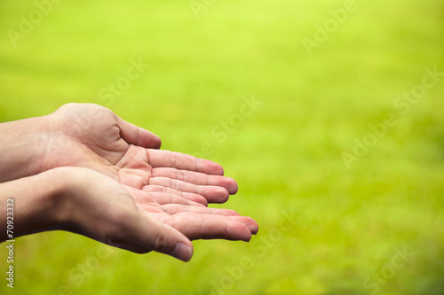 closeup of hands with green background in outdoor © Tom Wang