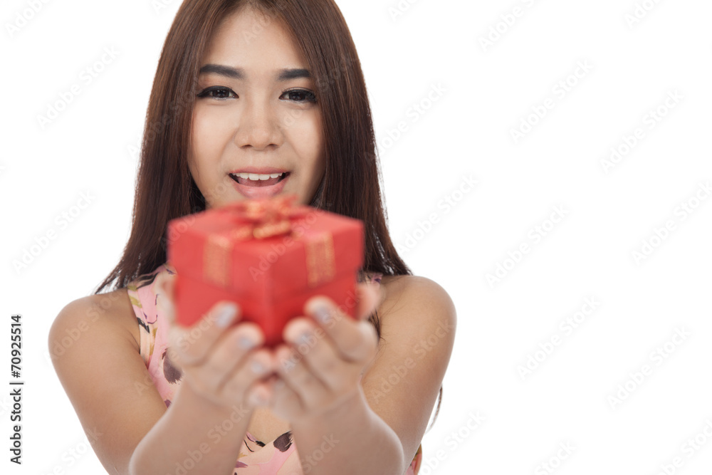 Beautiful Asian woman smile give red gift box Beautiful Asian woman smile give red gift box