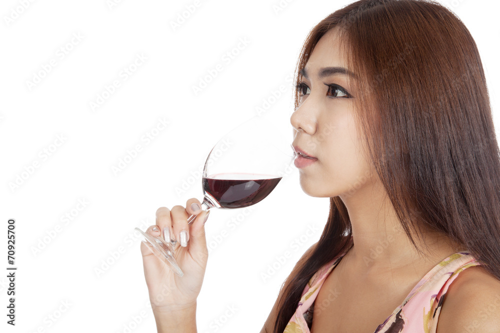 Beautiful Asian woman drink red wine Beautiful Asian woman drink red wine