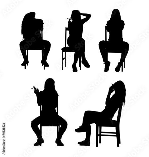 Sitting and smoking woman silhouette set