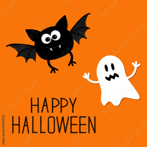 Cute cartoon bat and ghost. Happy Halloween card. Flat design.