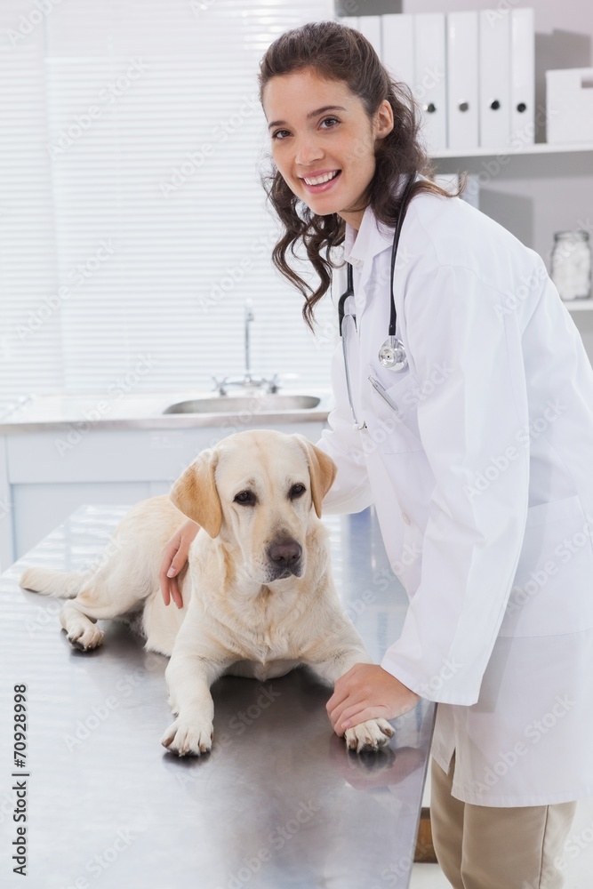 Smiling vet examining a dog