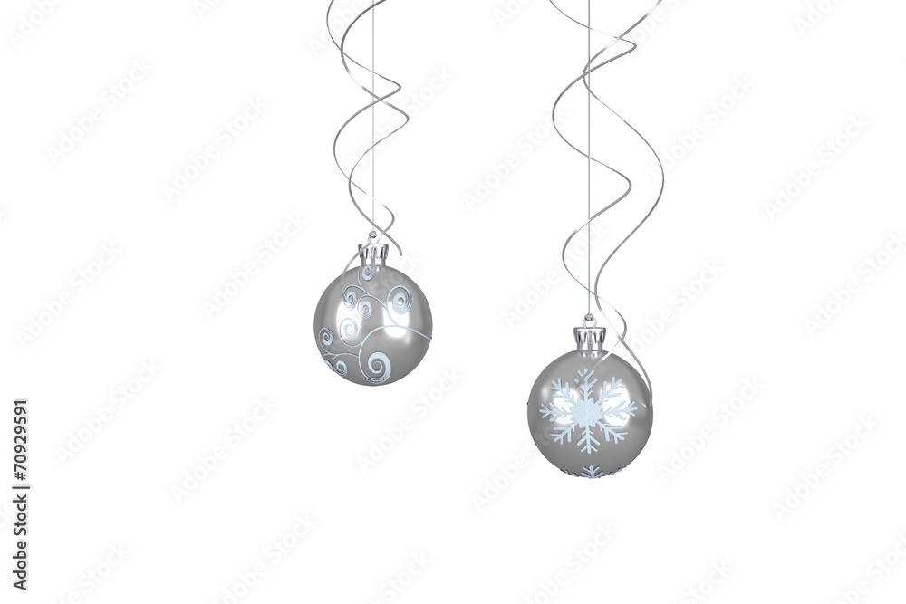 Two hanging silver bauble decorations