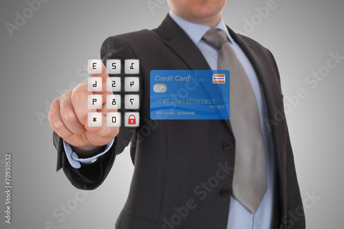 hand click security code on online banking on touch screen