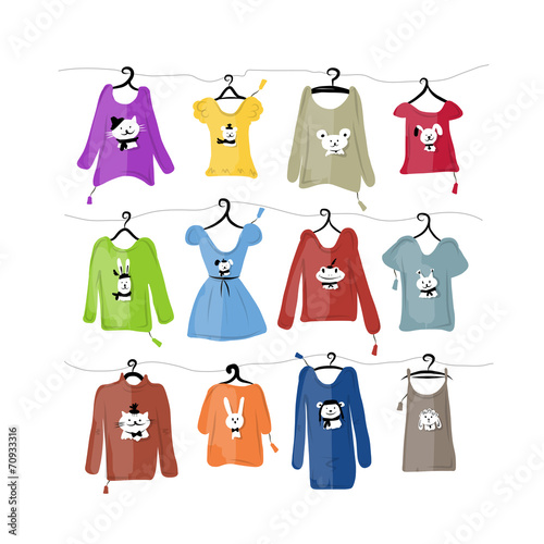 Set of clothes on hangers with funny animal design