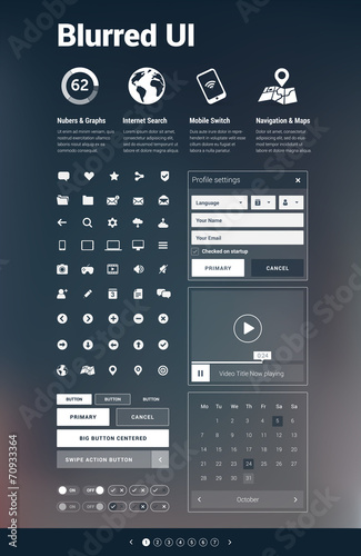 Website/mobile app elements on blurred background