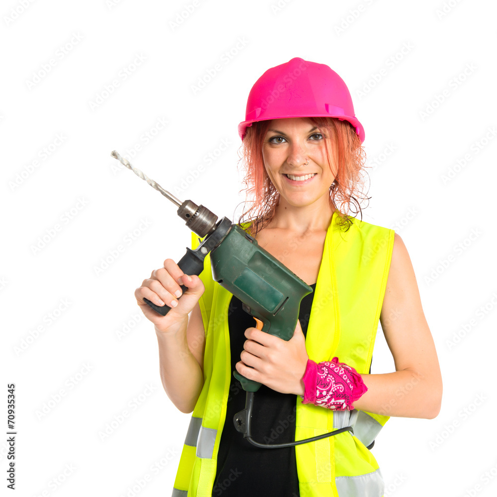 Worker woman with drill over white background Worker woman with drill over white background