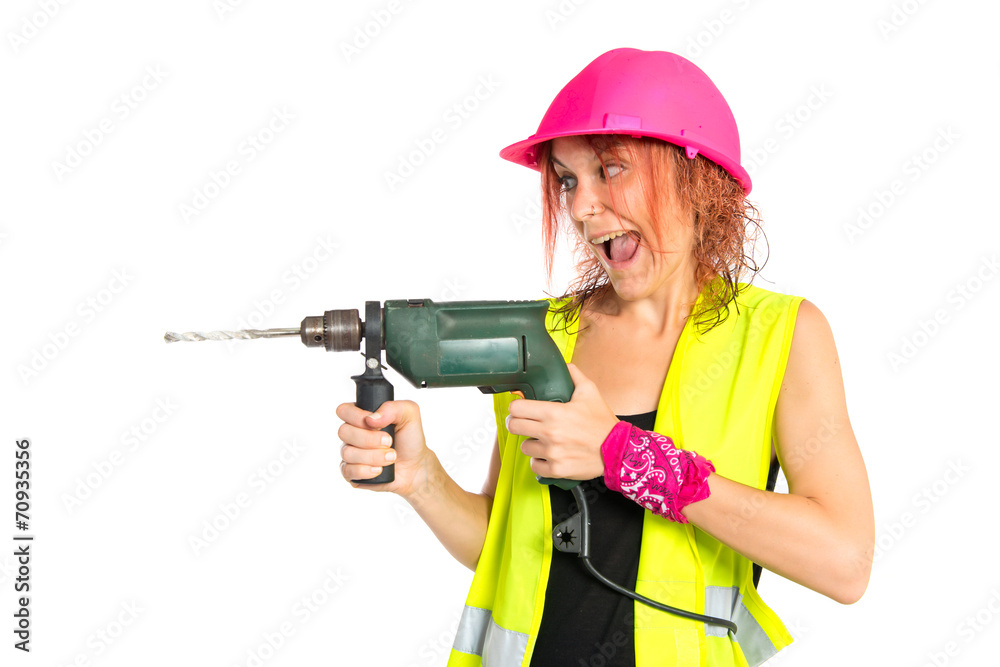 Worker woman with drill over white background Worker woman with drill over white background