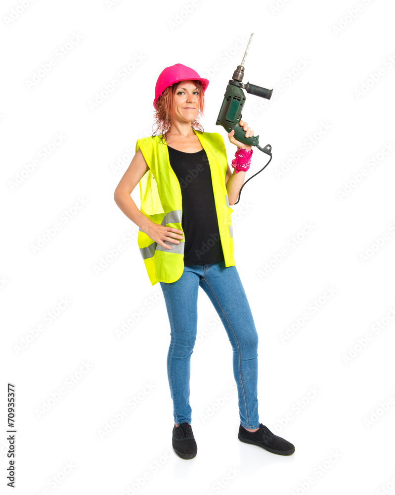 Worker woman with drill over white background Worker woman with drill over white background