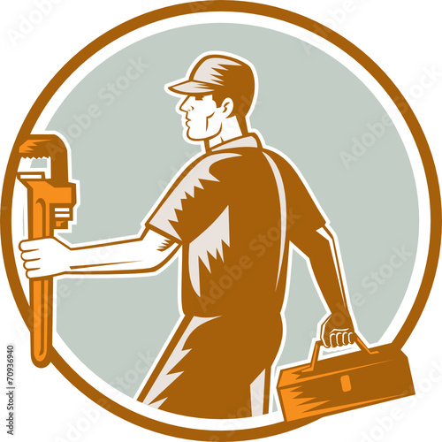 Plumber Carry Toolbox Wrench Circle Woodcut