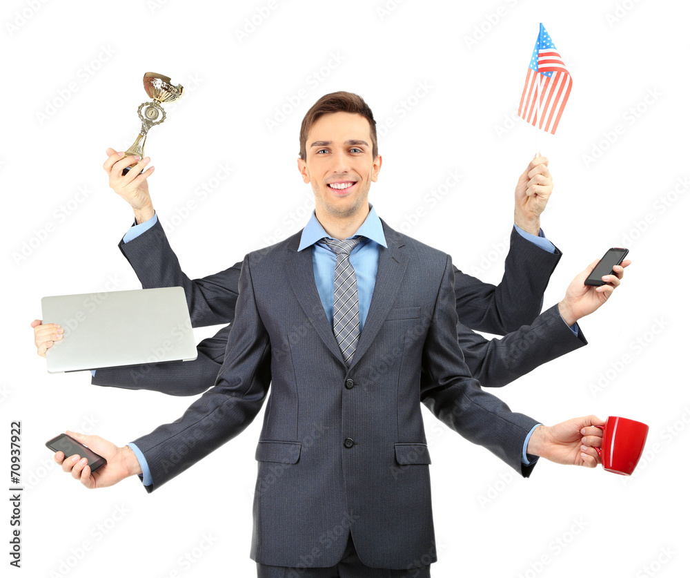 Portrait of young businessman with many hands, isolated on Portrait of young businessman with many hands, isolated on