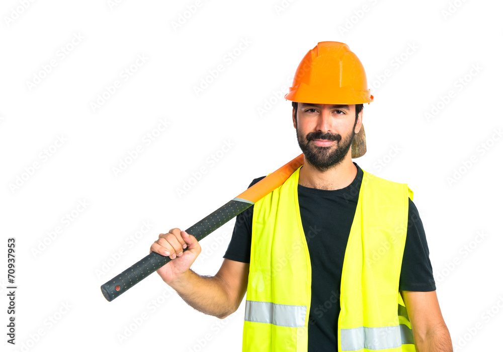 Workman with ax over white background Workman with ax over white background