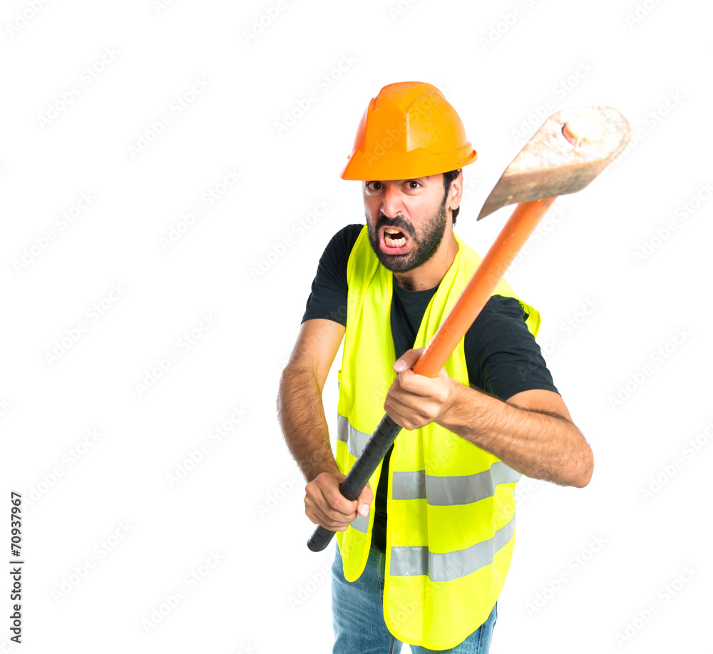 Workman with ax over white background Workman with ax over white background