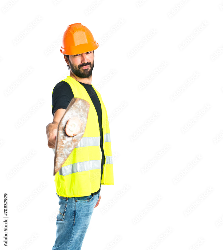 Workman with ax over white background Workman with ax over white background