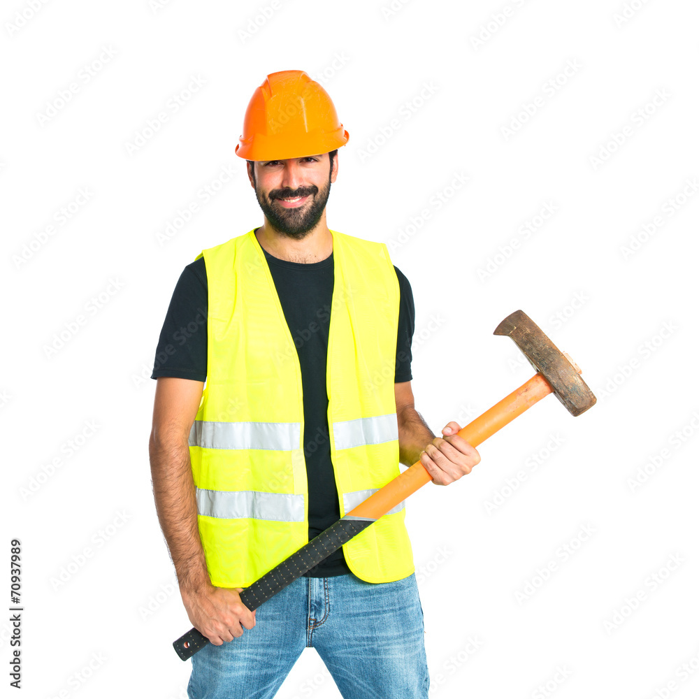 Workman with ax over white background Workman with ax over white background