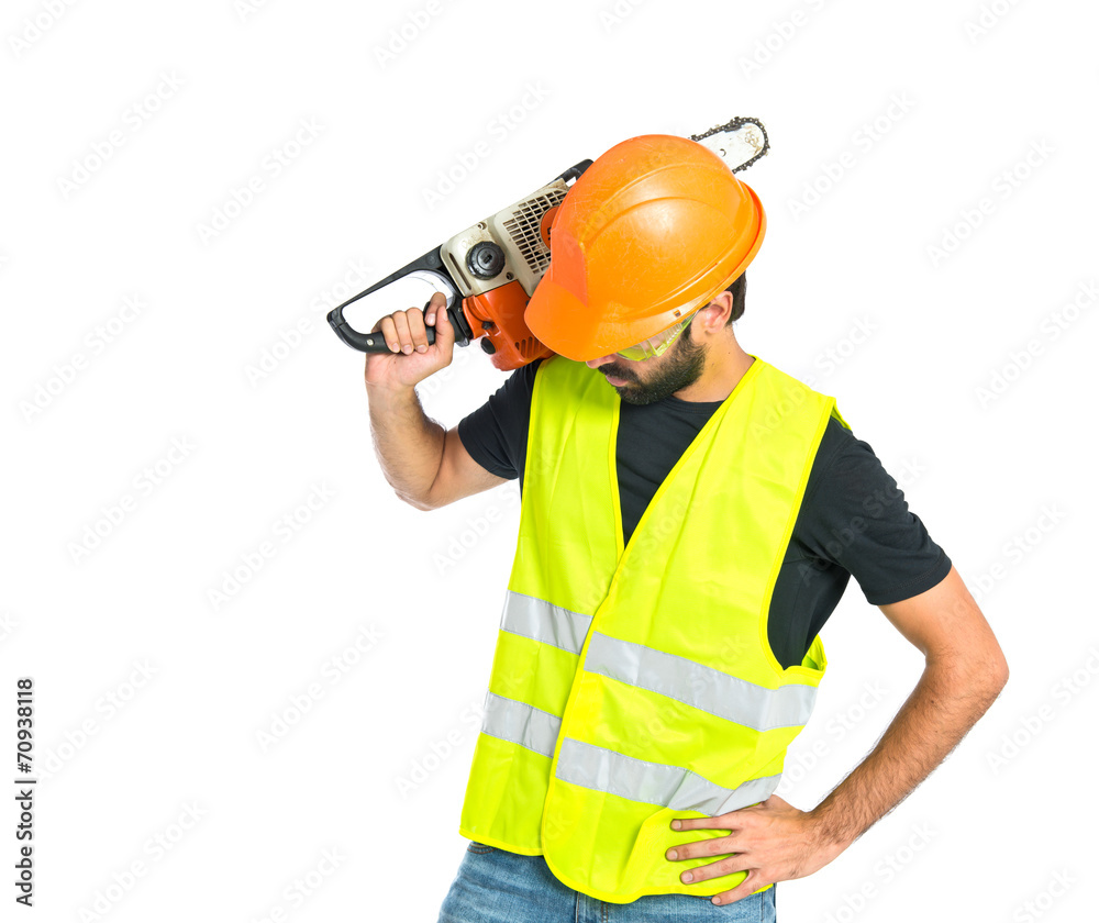 Workman with chainsaw over white background