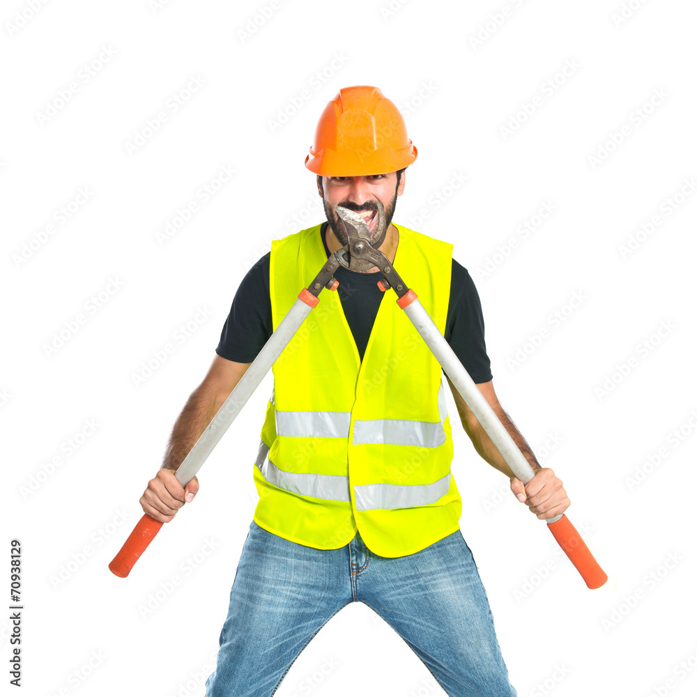 Workman with scissors mower over white background Workman with scissors mower over white background