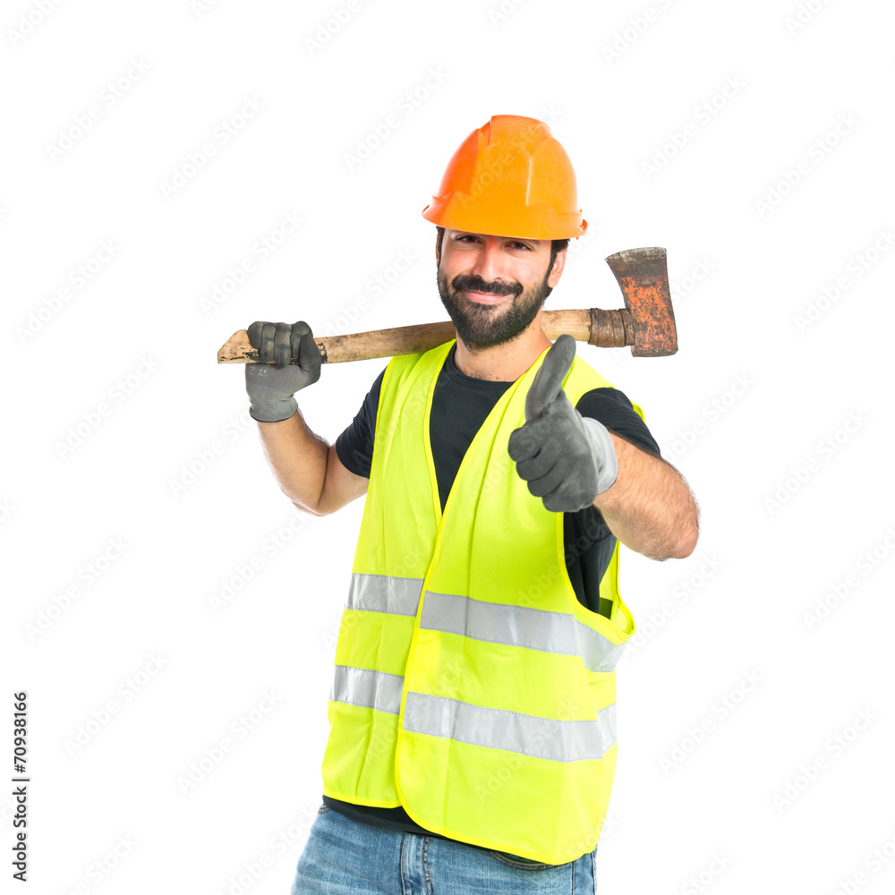 Workman with ax over white background Workman with ax over white background