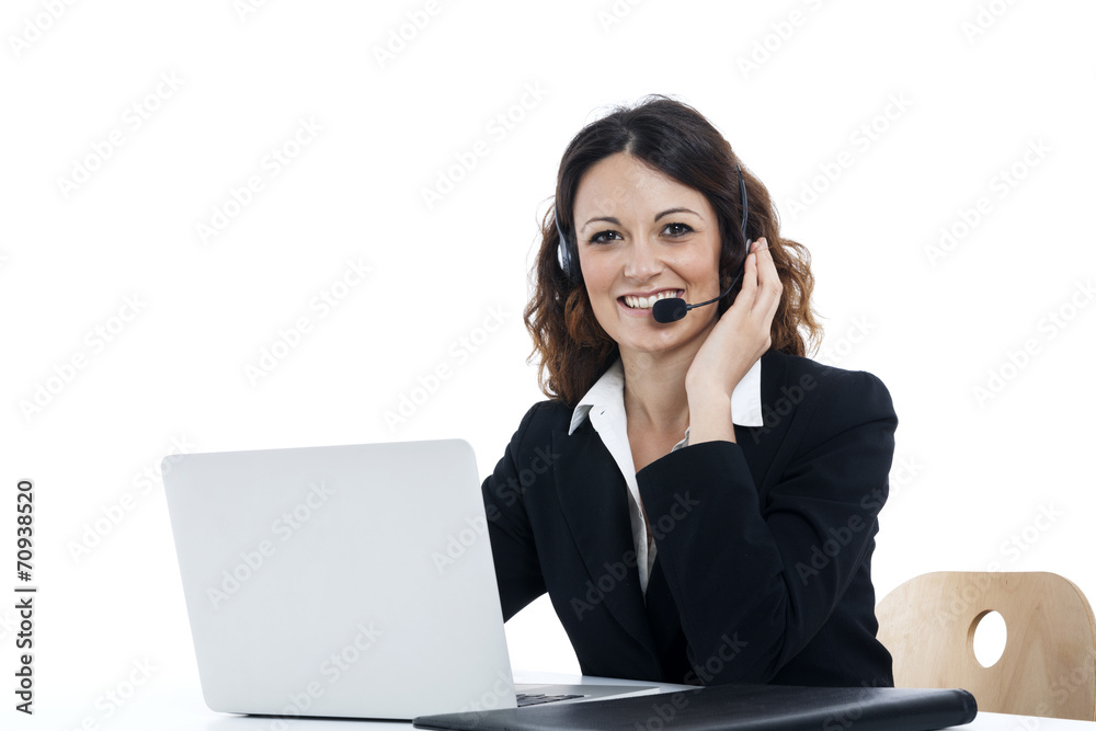 Woman customer service worker, call center smiling operator Woman customer service worker, call center smiling operator