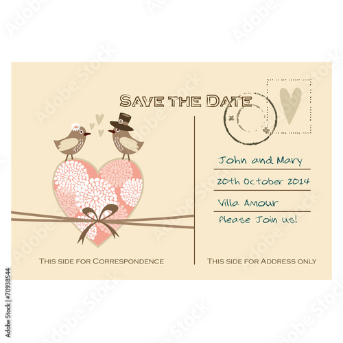 Cute wedding card, invitation with floral heart and birds
