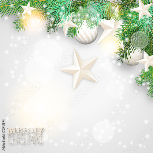 Christmas background with branches and white ornaments