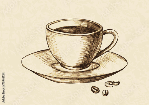 Sketch illustration of a cup of coffee and coffee beans