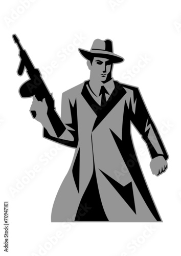 Icon illustration of a man holding a tom gun