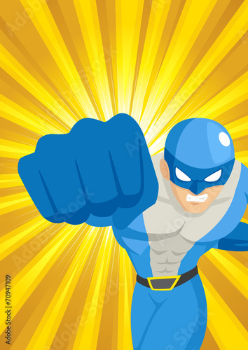 A superhero punching through with light burst as the background