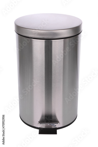 Top front of closed trash can on white background.