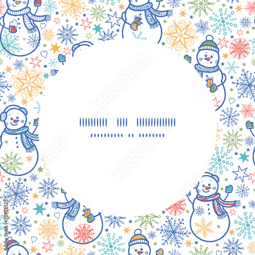 Vector cute snowmen circle frame seamless pattern background
