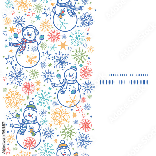 Vector cute snowmen vertical frame seamless pattern background