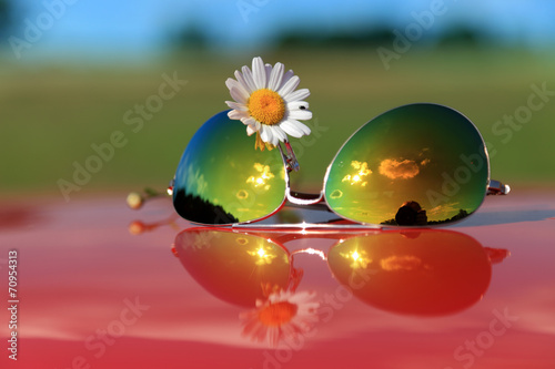 Okulary przeciwsłoneczne i biały kwiatek z odbiciem.