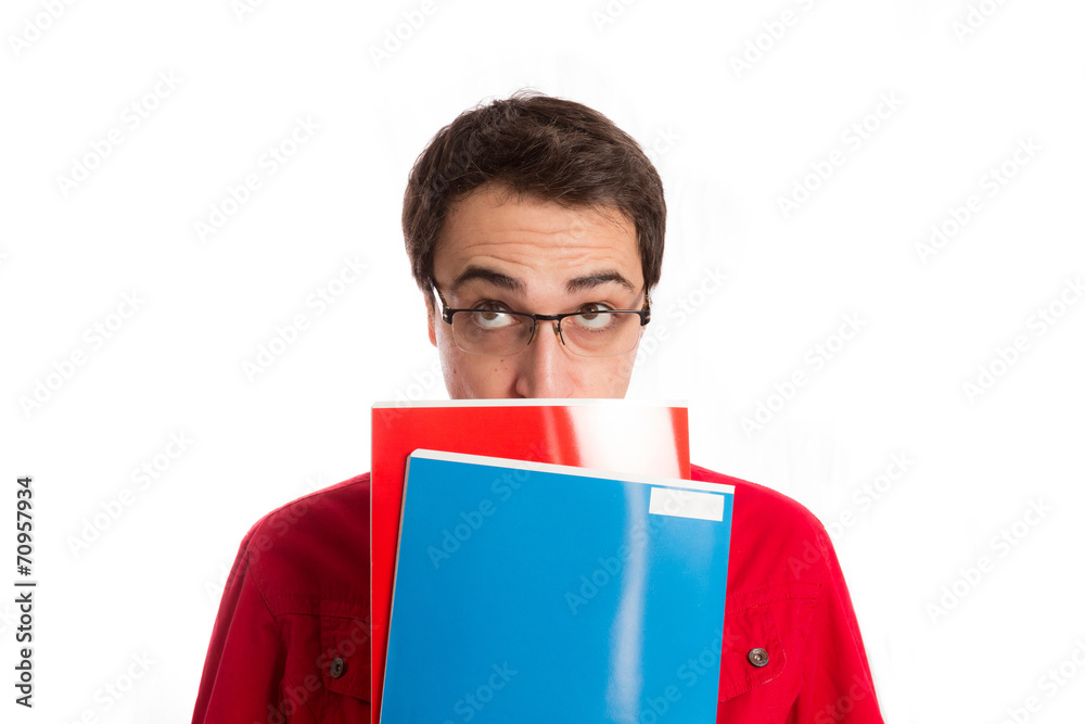 portrait of thoughtful student with its books isolated on white portrait of thoughtful student with its books isolated on white