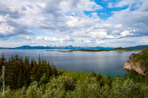 scenic view of fjord and snow mountains, Norway, Lofoten