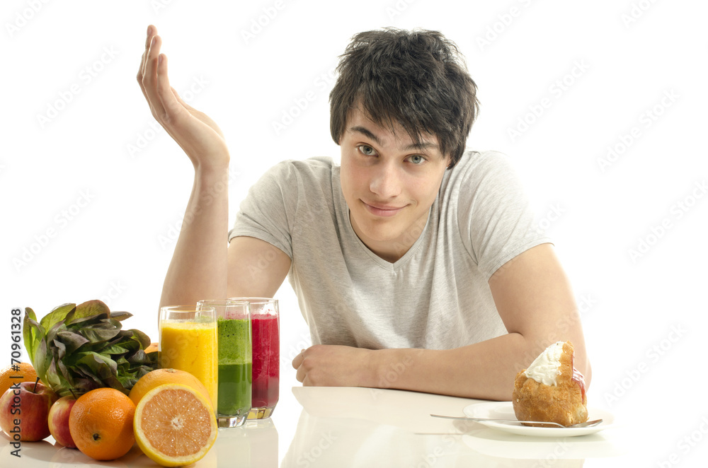 Man choosing between fruits, smoothie, organic salad and sweets Man choosing between fruits, smoothie, organic salad and sweets