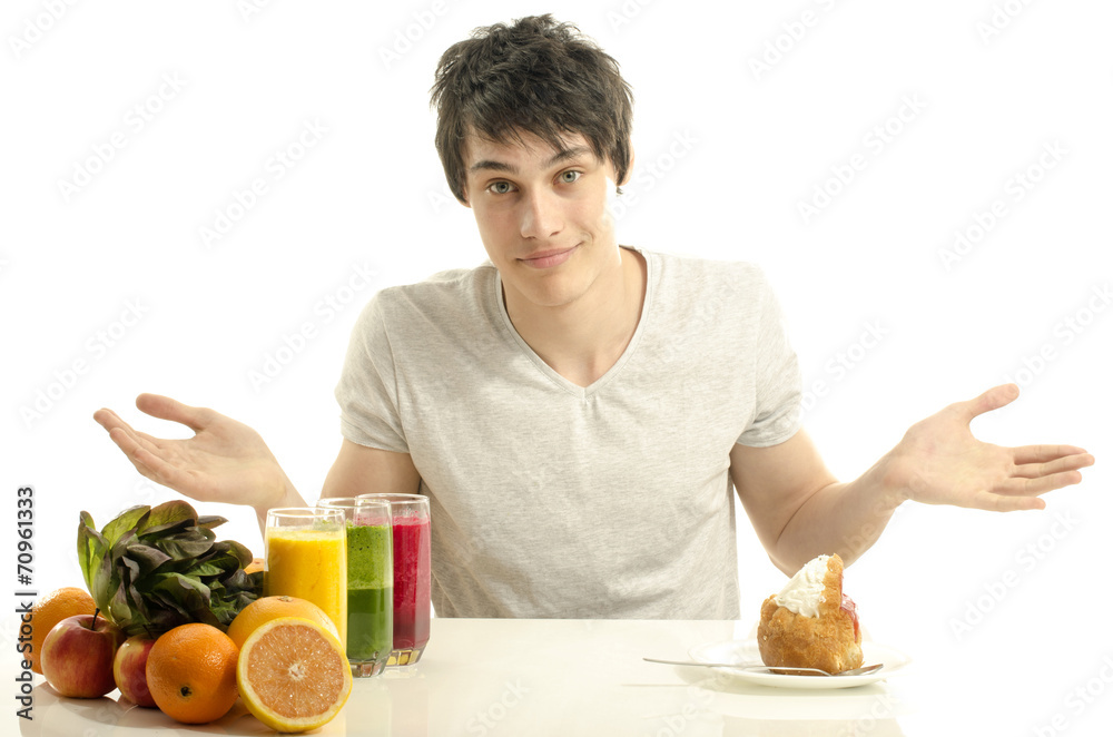 Man choosing between fruits, smoothie, organic salad and sweets Man choosing between fruits, smoothie, organic salad and sweets
