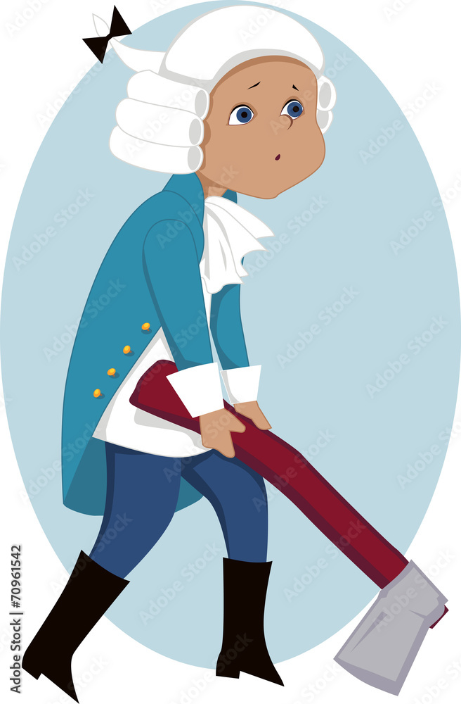 Child in George Washington costume holding a hatchet