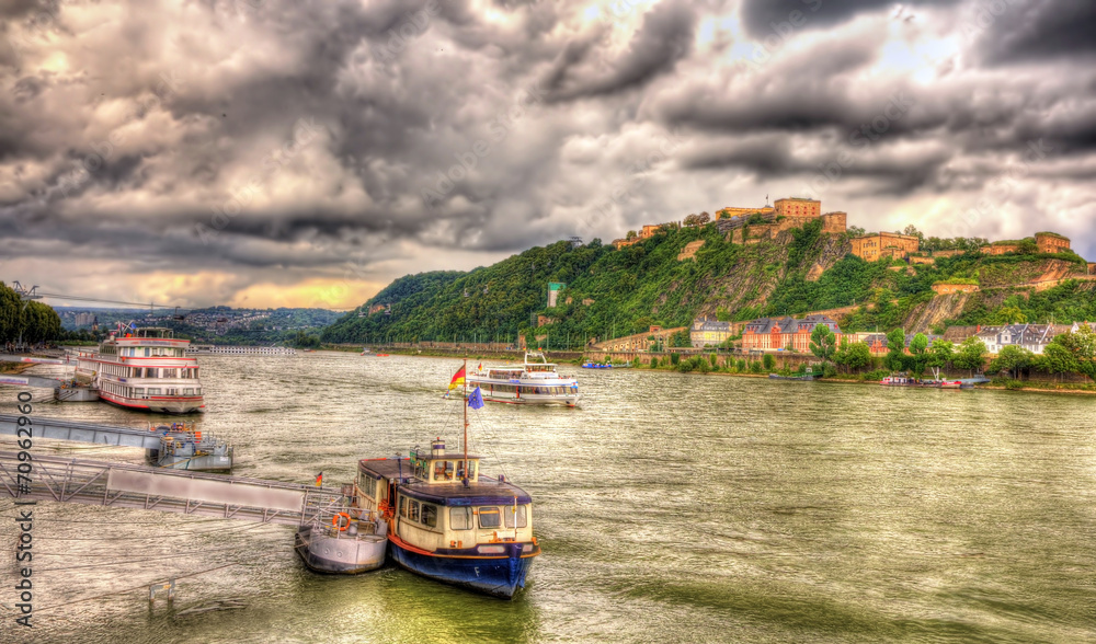 Fototapeta premium Panorama of The Rhine in Koblenz, Germany