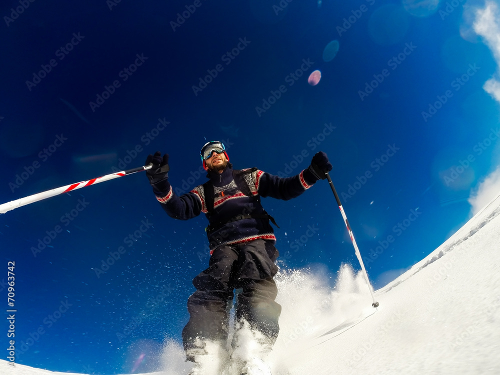 Skiing on powder snow - obrazy, fototapety, plakaty 