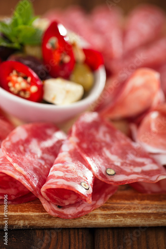 antipasti Platter of Cured Meat, jamon, olives, sausage, salam