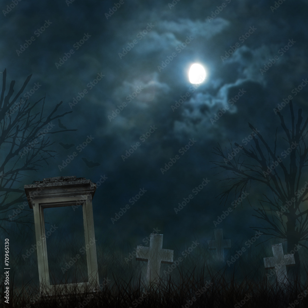 Spooky Halloween graveyard with dark clouds and ominous moon