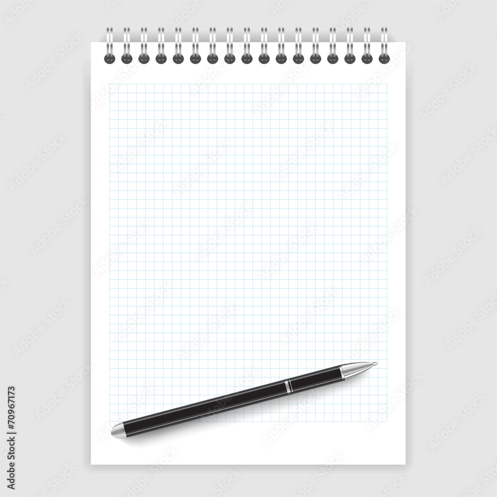 Realistic illustration of a ballpoint pen on a notepad in a cage Realistic illustration of a ballpoint pen on a notepad in a cage