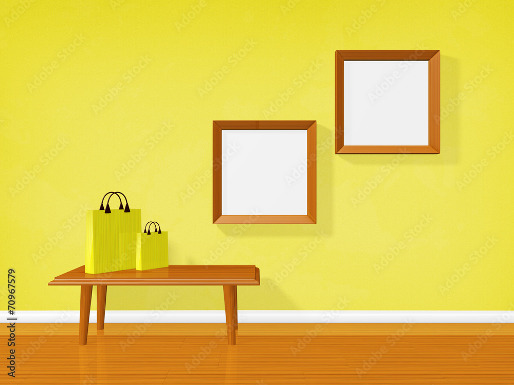 Empty Picture Frames on Wall and Shopping Bags Empty Picture Frames on Wall and Shopping Bags
